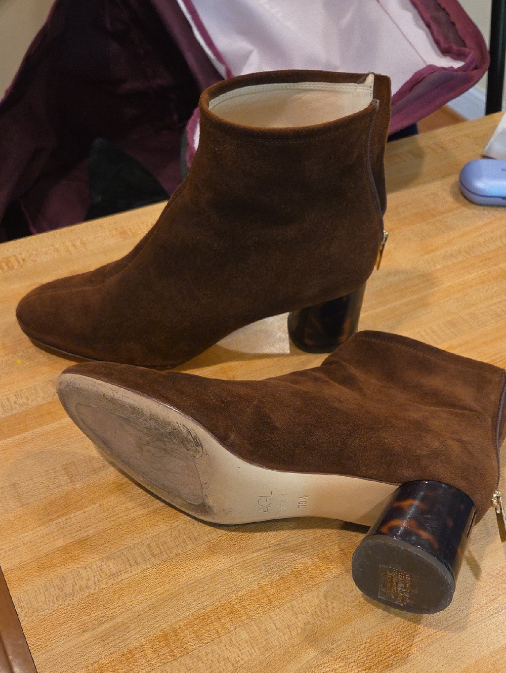 Agl Brown Suede Ankle Booties with Tortoiseshell Block Heel